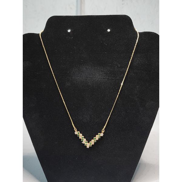 Gold-Tone Costume Necklace With Clear and Green Stones 