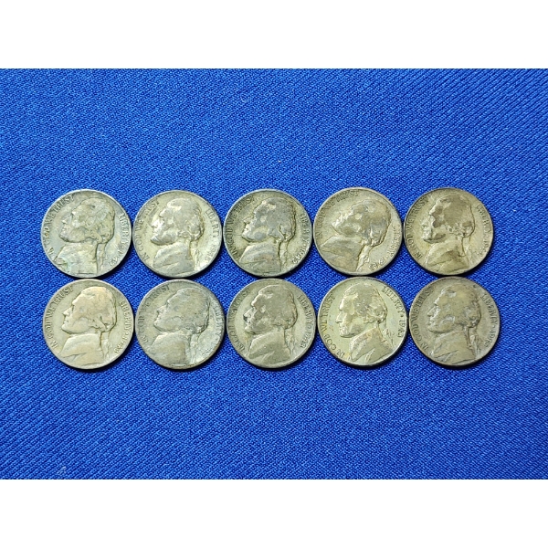 x10 Assorted Years Jefferson Wartime Nickels FV: $0.50
