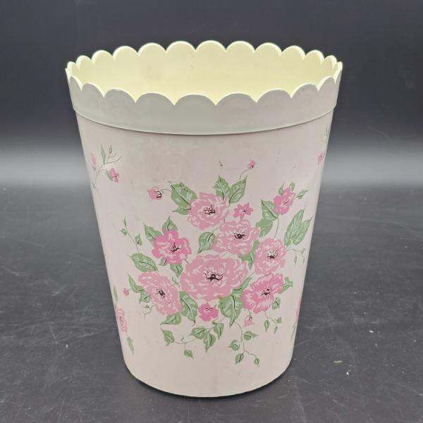 Vintage Pink Metal Scalloped Rim Wastebasket With Floral Rose Design, 11x9"