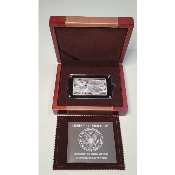 1986-2016 30th Anniversary Of The Silver Eagle Coin 2 Oz Silver Bar With 1 Oz Silver Coin
