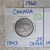 Image 3 : 1936, 1943, & 1960 Canada 25 Cents Silver Coins 80% Silver ASW 0.1500 oz Each