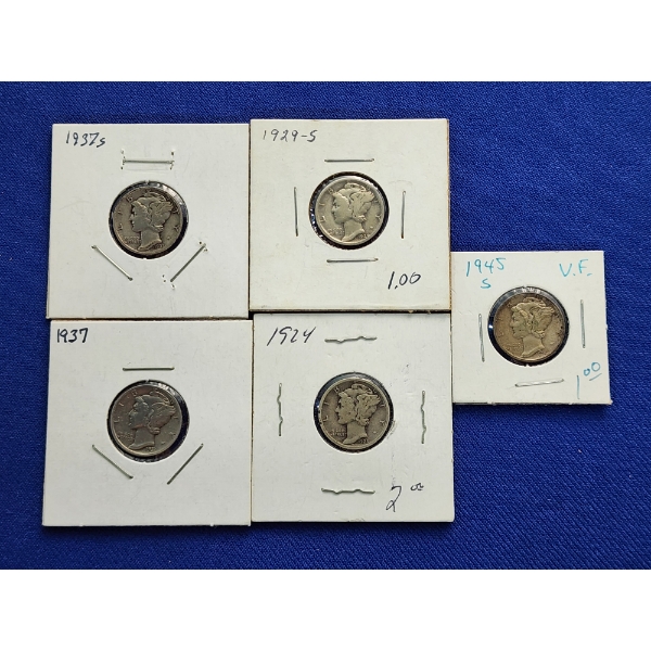x5 Assorted Years 90% Silver Mercury Dimes FV: $0.50