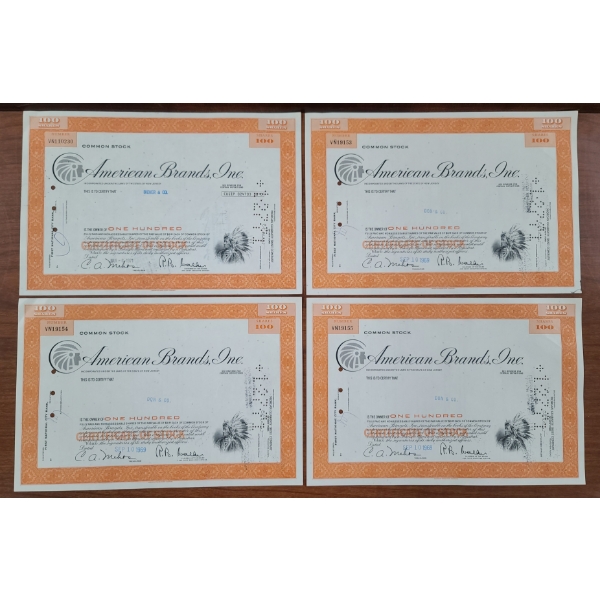 Lot of Four American Brands Inc. Assorted Stock Certificates 