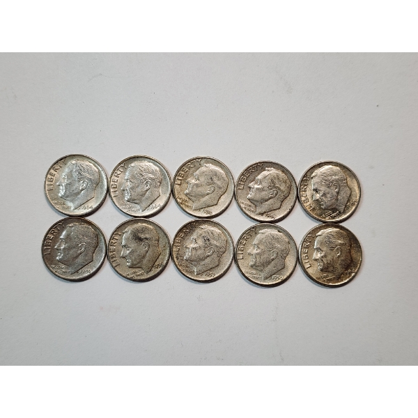 x10 Assorted Years 90% Silver Roosevelt Dimes Face Value $1.00