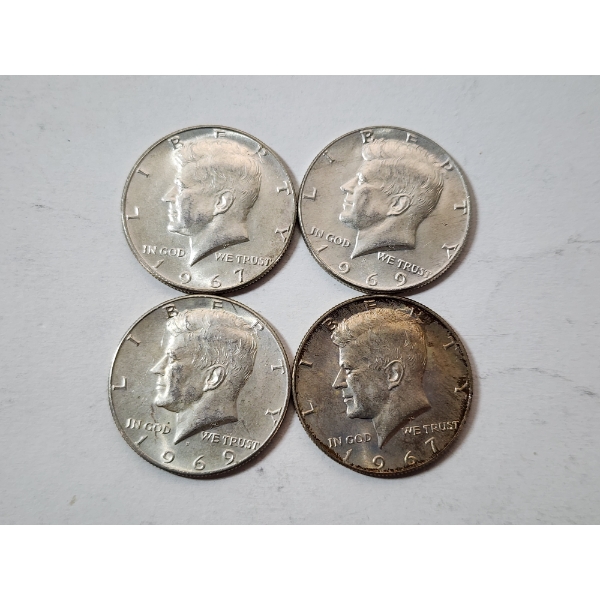 Four Assorted Years 40% Silver Kennedy Half Dollars FV: $2.00