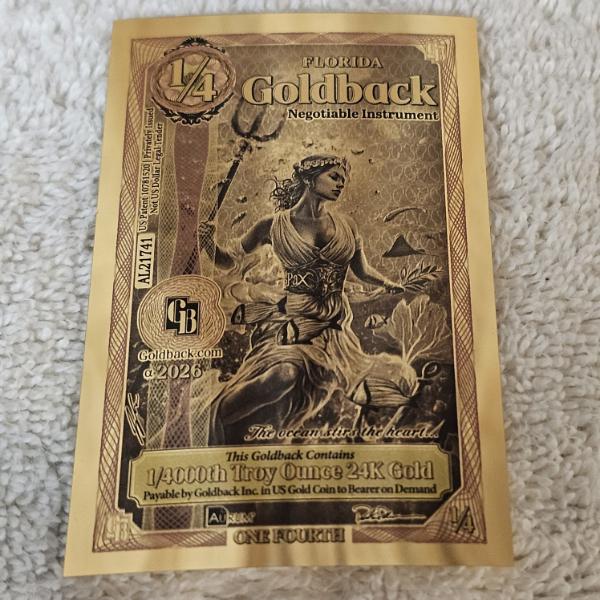 1/4 Goldback Aurum Foil Local Currency Note Containing 1/4000th Troy Ounce Of 24K Pure Gold