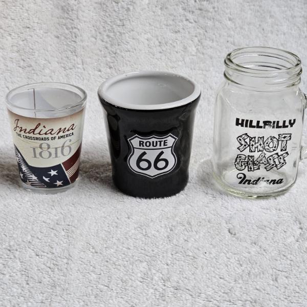 3 Shot Lot - 3 State of Indiana and Route 66 Themed Shot Glasses