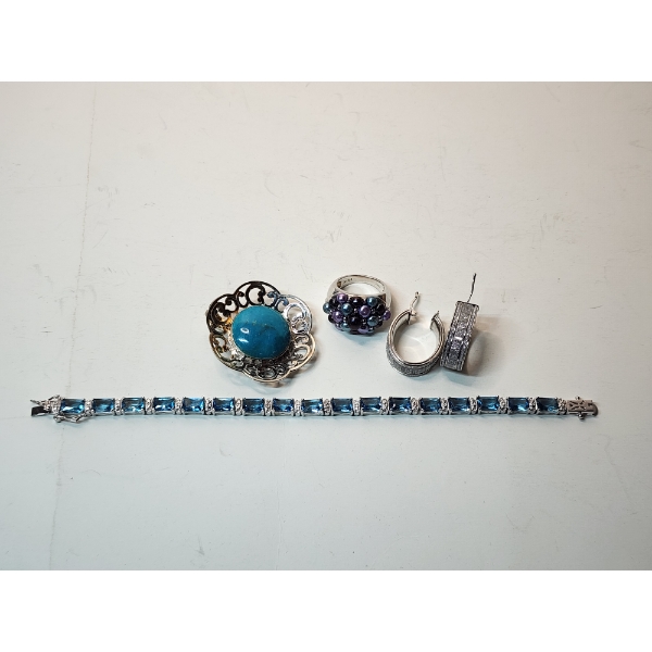Assorted Sterling Silver Jewelry: Bracelet, Pin, Ring, Earrings Total Weight 44.7g