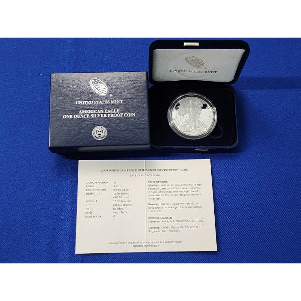 2018-W Silver American Eagle $1 Proof - 1 Troy Ounce 99.9% Silver w/ Original Box & COA