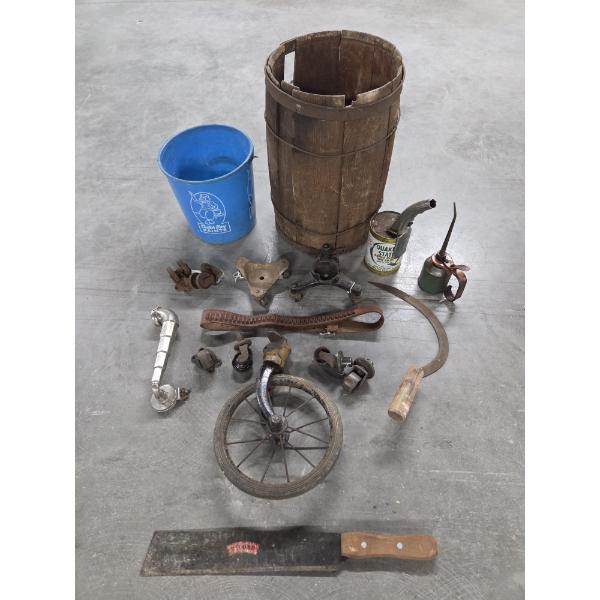 Vintage Collectables Including Small Wood Barrel, Plastic Paint Pail, Corn Knife, Oil Cans, Leather 