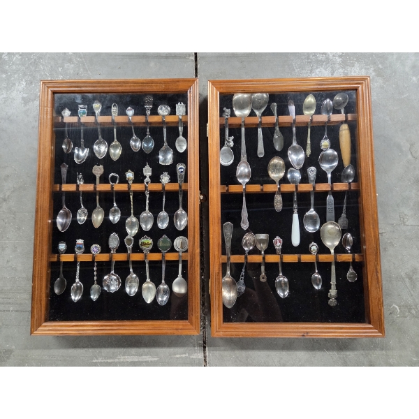 Two Excellent Condition Glass & Wood Display Cases And Vintage Spoon Collection -No Shipping 