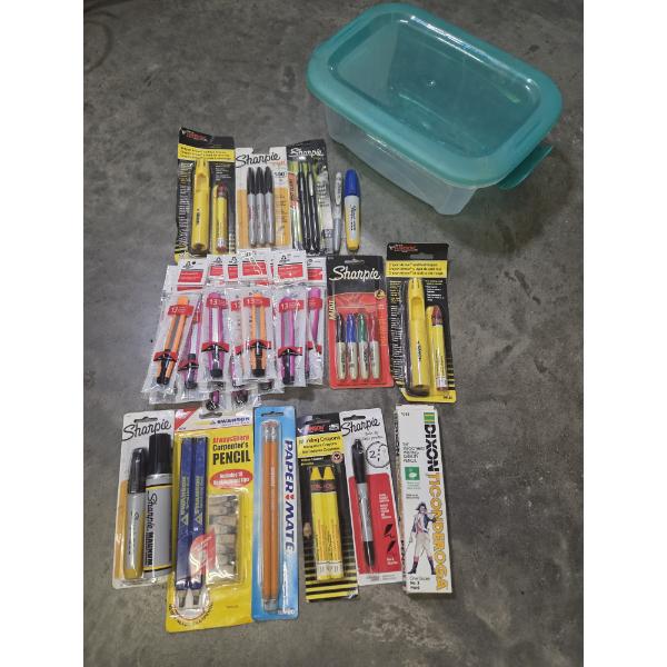 Storage Container With All New Sharpies, Pencils, Disposable Breakaway Knives & More