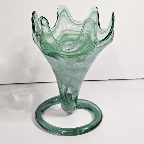 Vintage Sooner Art Glass Green Swirl Trumpet Vase With Coiled Base