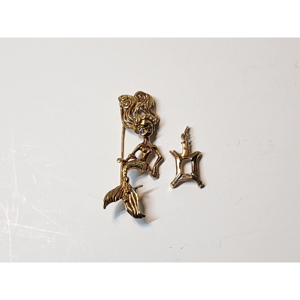 14K Gold Jewelry Pieces - Beautiful Mermaid Pin and Pendant Total Weight: 9.3g
