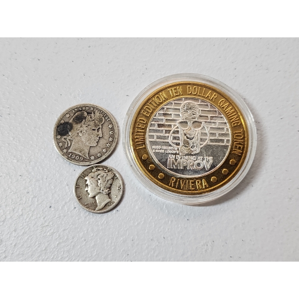 2 Silver Coing and Token: 1909 Barber Quarter, 1945 Mercury Dime, & Riviera Gaming Token