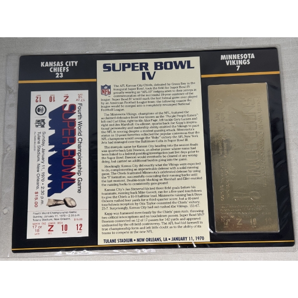 Authentic 1970 Super Bowl IV NFL Football Ticket & 24K Gold Plated Ticket - Mint Condition