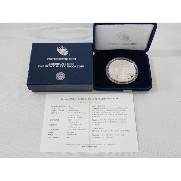 2014-W American Silver Eagle Proof $1 Coin 1 oz .999 Fine Silver w/ OGP Box & COA