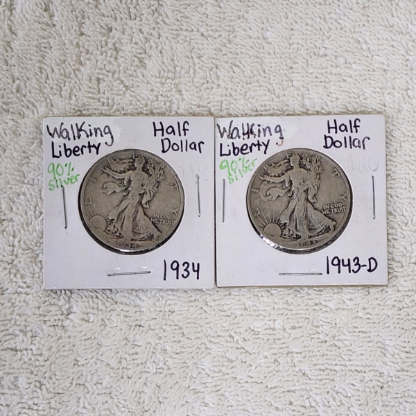 Two United States Walking Liberty 90% Silver Half Dollars: 1934 & 1943-D