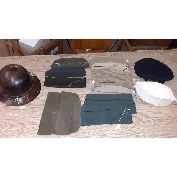 Selection Of Military Caps As Shown Including WW I Doughboy Helmet Liner