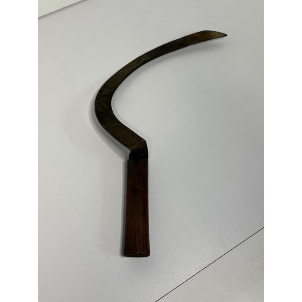 Vintage Scythe farm tool with steel blade and natural wood handle - 16 inches 