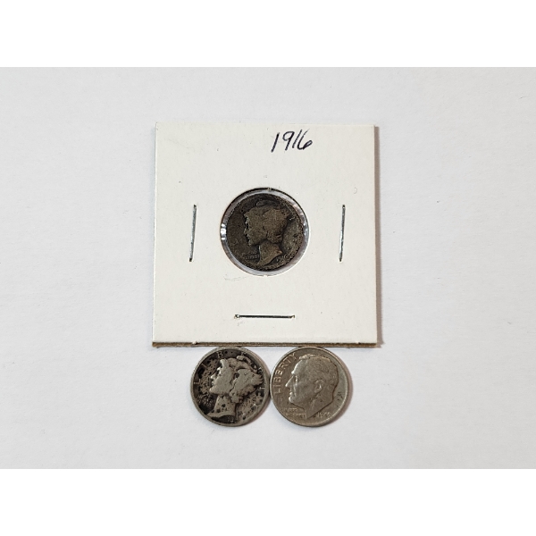 Three U.S. 90% Silver Dimes: 1916 & 1935 Mercury and 1946 Roosevelt 
