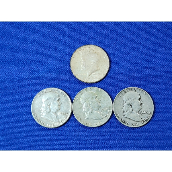 Lot of 4 U.S. Half Dollar Silver Coins: Kennedy & Franklin Half Dollars