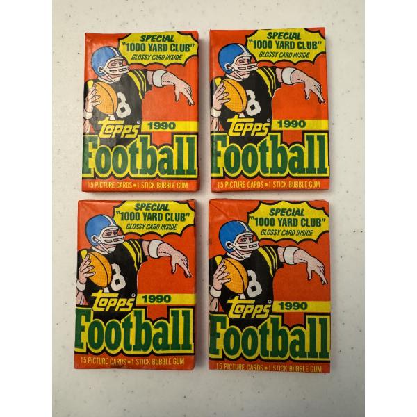 4 - Unopened 1990 Topps Wax Packs of Football Cards - 15 Cards Per Pack - Mint Condition
