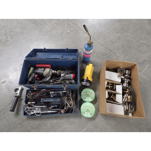 19'' Toolbox With Tools, New Tape, Torch & Box Of New Doorknobs 