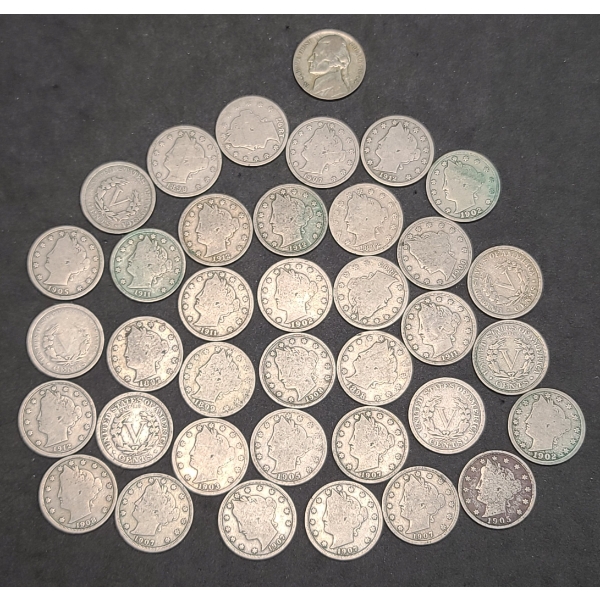 1944-P Wartime Jefferson 35% Silver Nickel & Assorted Years Barber V Nickels -Face Value: $1.85