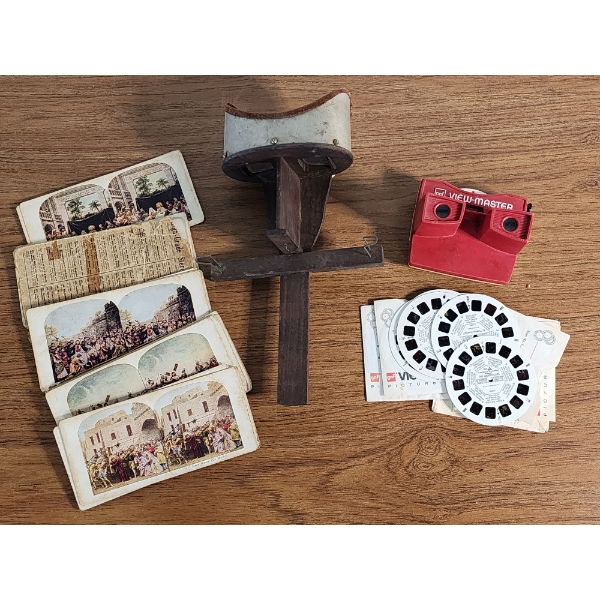 Two Vintage Stereoscopes: Antique Hand-Held Wooden & Red View-Master Handheld 