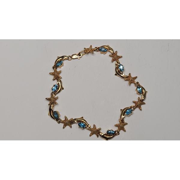 14K Yellow Gold 8" Nautical Themed Bracelet With Blue Topaz Stones - Weight: 8.8g