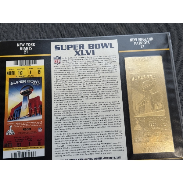 Authentic 2012 Super Bowl XLVI NFL Football Ticket & 24K Gold Plated Ticket - Mint Condition