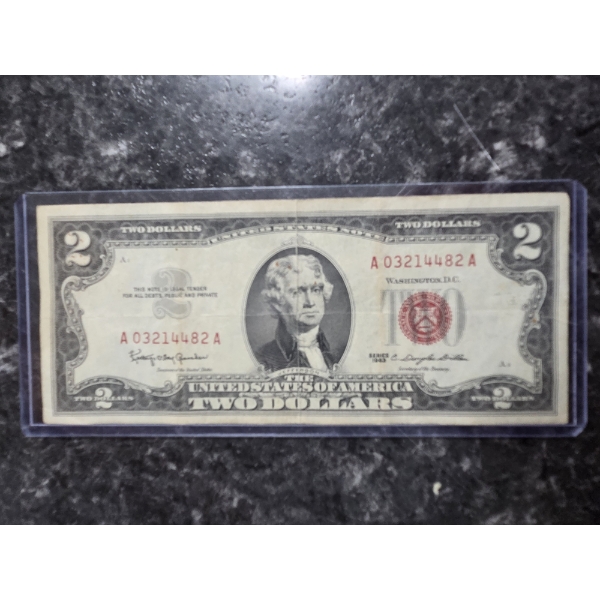 1963 Red Seal US Two Dollar Bill In Great Condition In Plastic Protective Holder