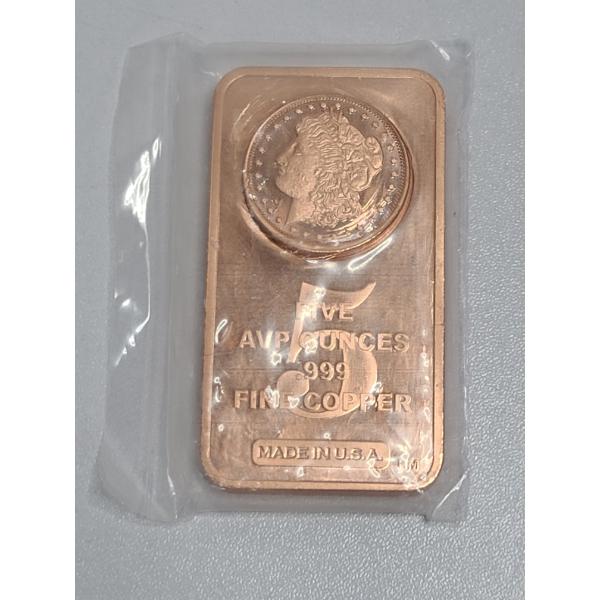 Five AVPD Ounces .999 Fine Copper Morgan Bar in Sealed Plastic Packaging