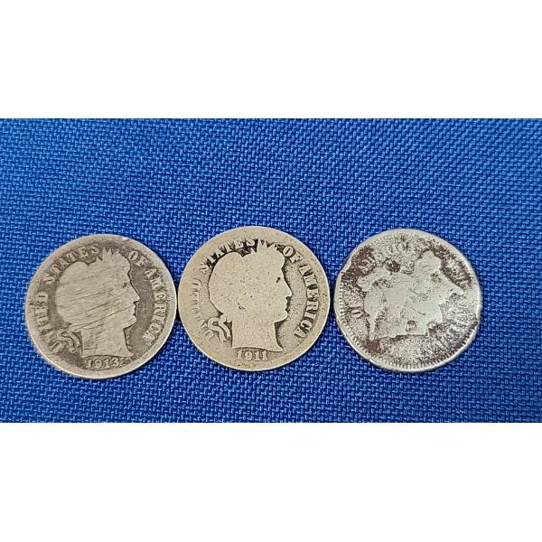 1911, 1913 Silver Barber Dimes & 3 Cent Nickel 