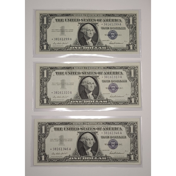 (3) United States Series 1957 $1 Silver Certificate STAR Notes - Uncirculated Crisp - Face Value: $1