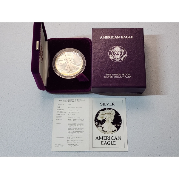 1986-S Silver $1 American Silver Eagle Proof Coin 1 oz Fine Silver with Original Box and COA