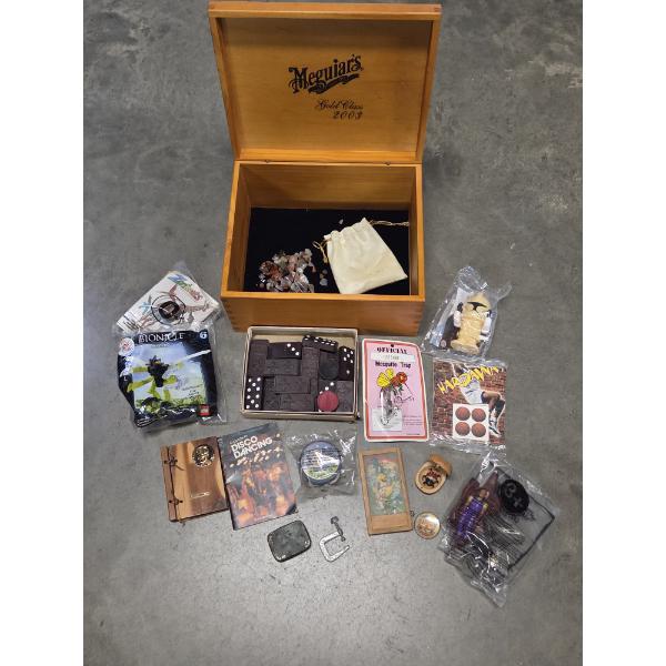 Wooden Keepsake Box With Trinkets, Vintage Games & More