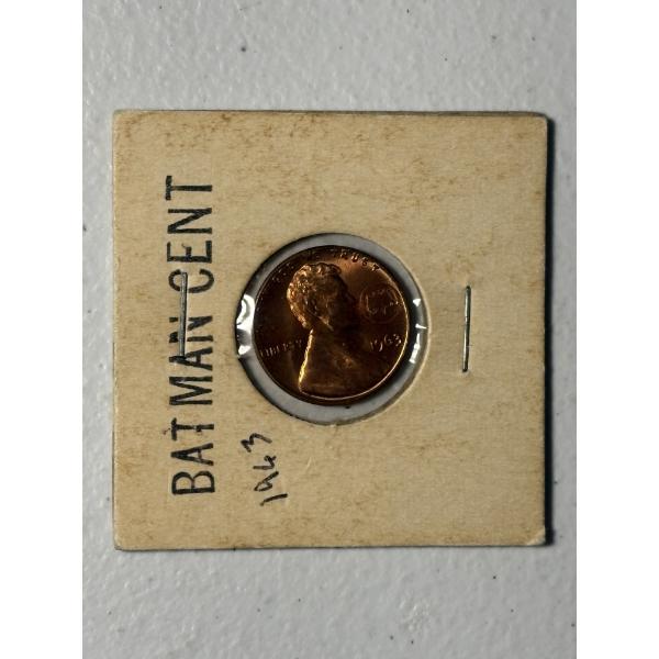 1963 Novelty Lincoln Cent, Featuring Batman Stamp, "Batman Penny"
