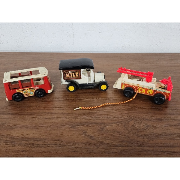(3) Vintage Toy Vehicles Including Tonka Milk Truck, Fisher Price Fire Truck & Mini Bus