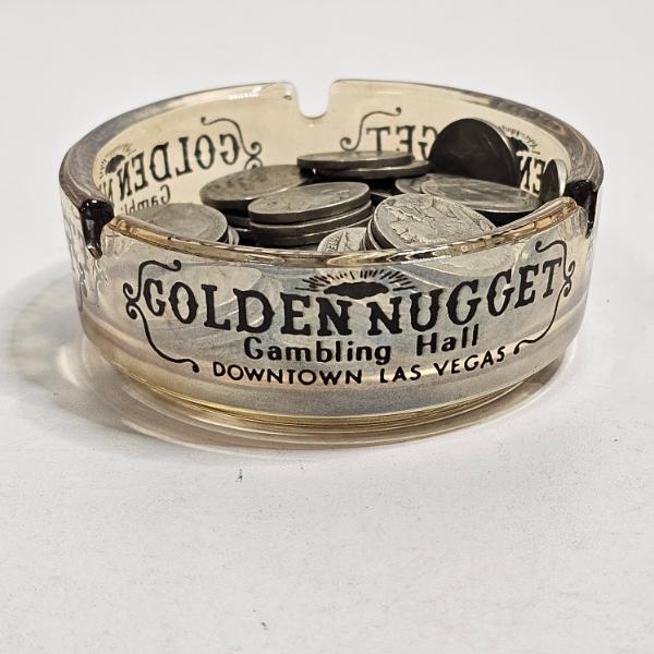 Vintage Golden Nugget Gambling Hall Las Vegas Glass Ashtray Full Of Buffalo Nickels FV: $3.00