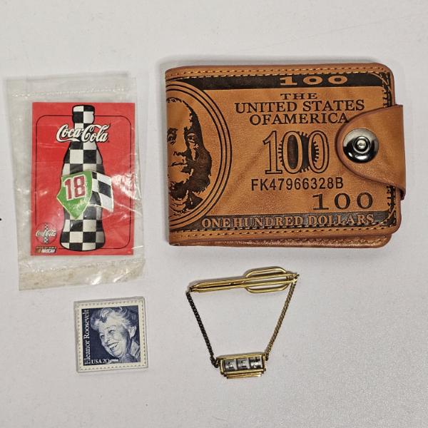 Vintage Wallet, Pin, Stamp, And Tie Bar Collection