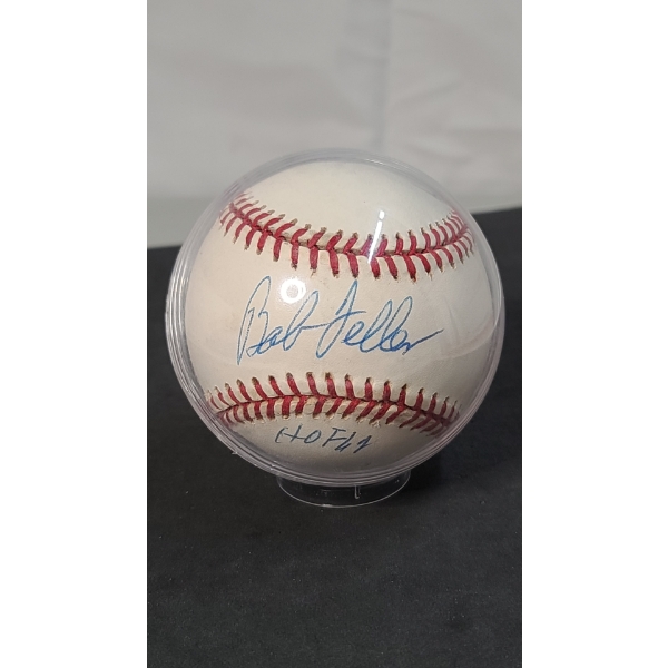 Signed Bob Feller Rawlings HOF Baseball In Ball Display Holder 