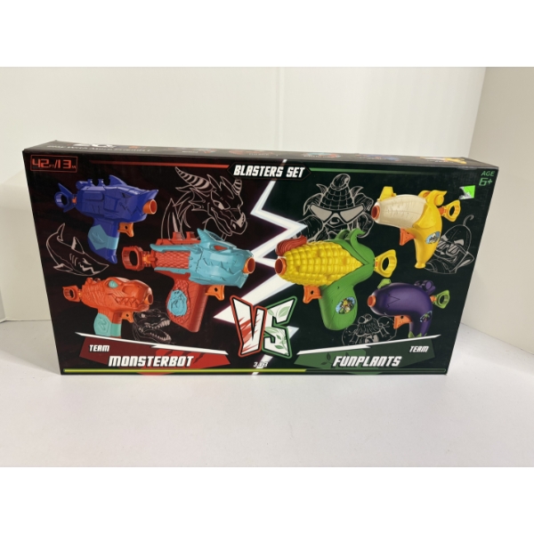 New in Box! 6 Pack Blasters Set - Team Monsterbot & Funplants - Includes 20 Refillable Foam Darts 