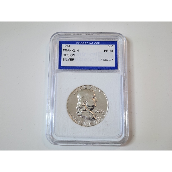 IGS GRADED PR68 1963 90% Silver Franklin Half Dollar