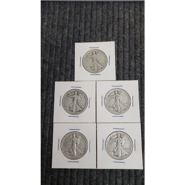 (5) Walking Liberty 90% Silver Half Dollars 1935,1936-S, 1941-D, 1941-S & 1942-D Face Value: $2.50