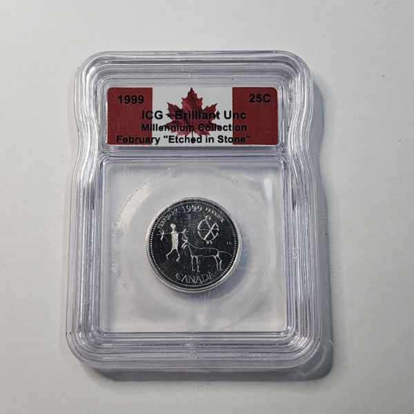 ICG Brilliant Uncirculated 1999 Candian 25-Cent Coin From the Millennium Collection "Etched in Stone