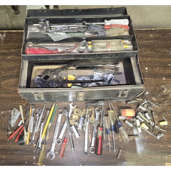 Assorted Hand Tools and Vintage Metal Tool Box