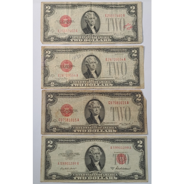 (4) Assorted $2 Red Seal Bank Notes - 1928 G, 1928 D, 1953 A - Face Value: $8.00