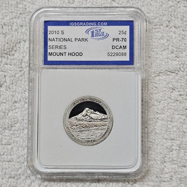 2010-S 90% Silver Mt. Hood Quarter certified as PR-70 Deep Cameo (DCAM) by IGS Grading